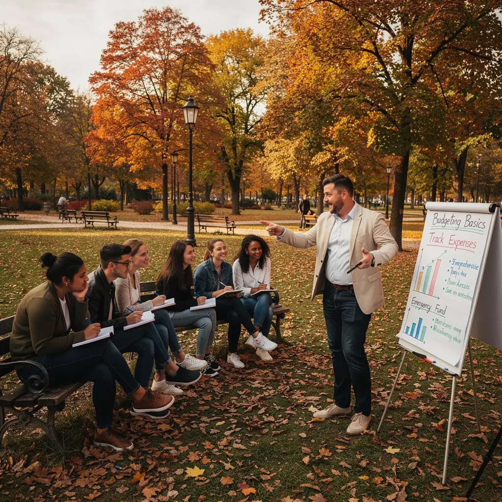 Szakmai workshop képe, ahol pénzügyi tanácsadók osztanak meg tudást.
