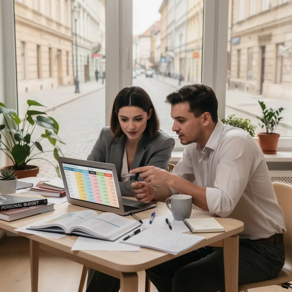 Csoportos pénzügyi workshop, ahol résztvevők tanulnak a pénzkezelés alapjairól.